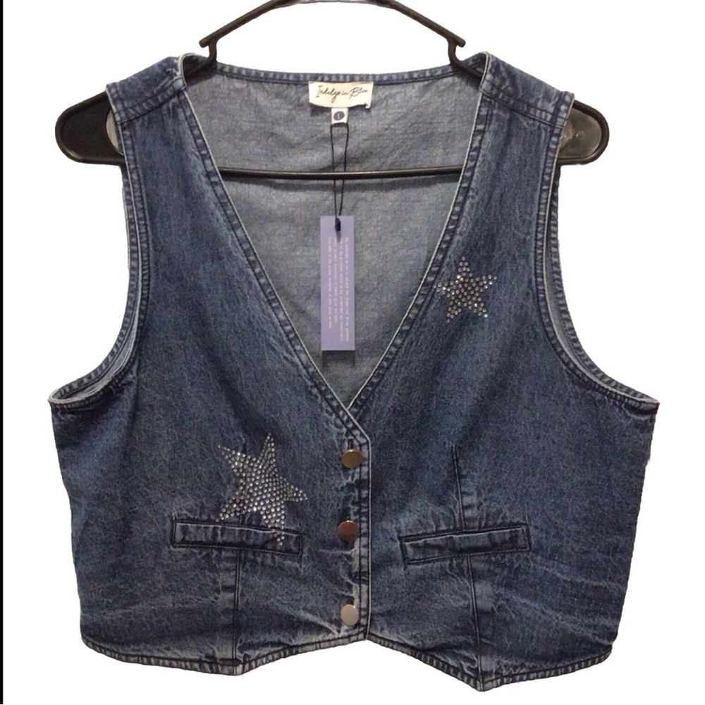 Indulge In Blue Juniors Rhinestone Star Pattern Denim Vest Size Large